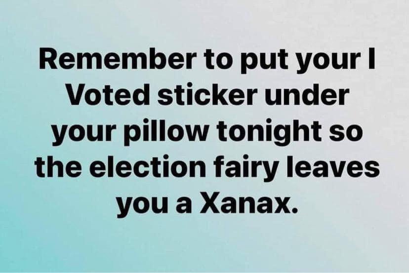 A plain light blue background with bold black text instructing viewers to place their 'I Voted' sticker under their pillow…