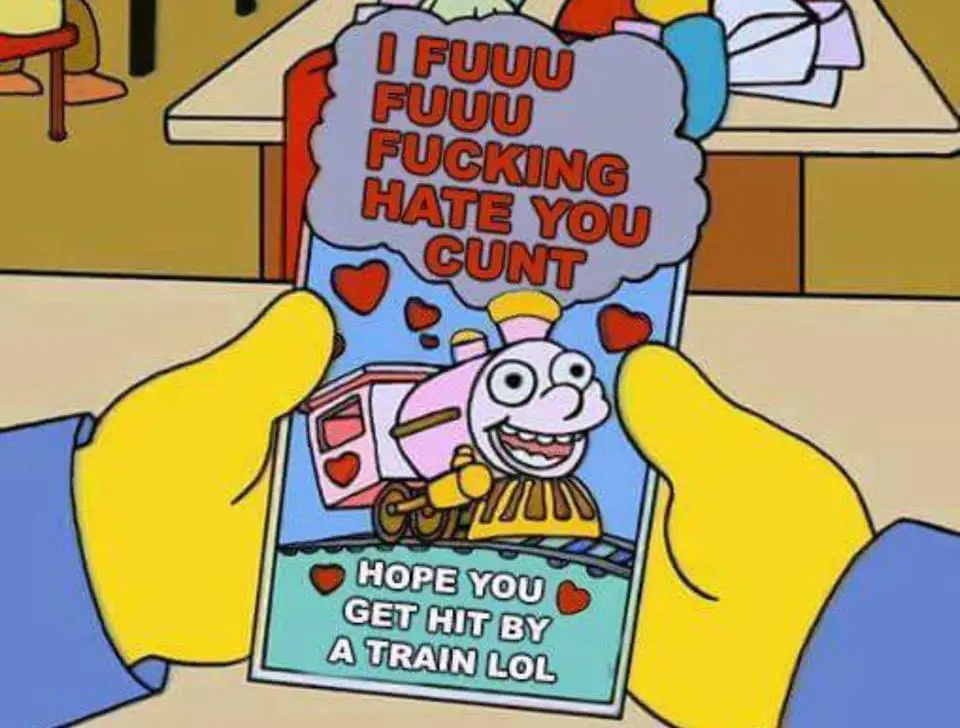 Yellow cartoon hands hold a Valentine's card featuring a smiling pink train with hearts. The card has a thought bubble above…