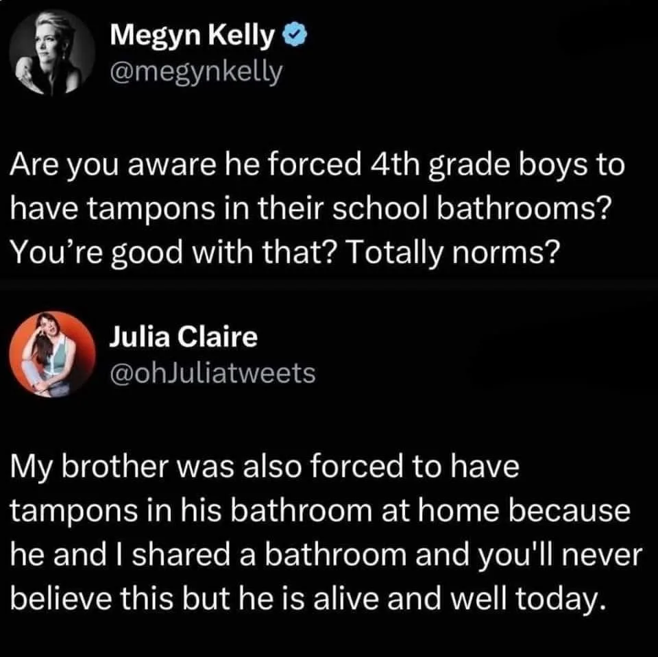 The image displays two Twitter posts. The first from Megyn Kelly asks if people are okay with forcing 4th grade boys to have…