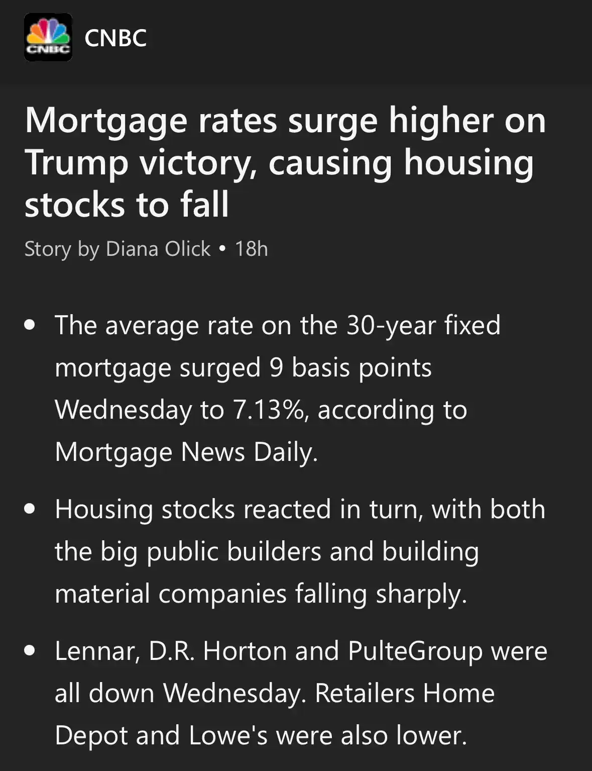 A screenshot of a CNBC news article with a dark background and white text. The headline reads 'Mortgage rates surge higher…