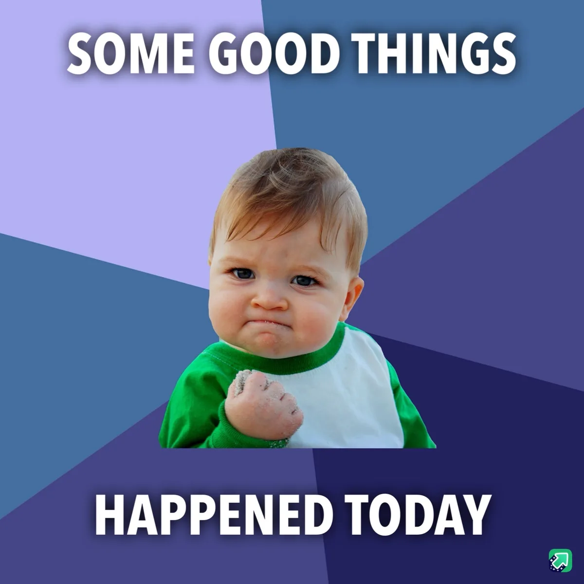 A baby with a smug, self-satisfied expression, wearing a green and white shirt, is shown against a geometric background of…