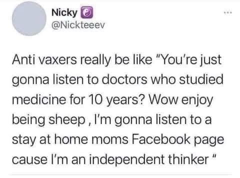 A screenshot of a tweet by user Nicky (@Nickteevev) displaying a sarcastic comment about anti-vaxers. The text mocks their…