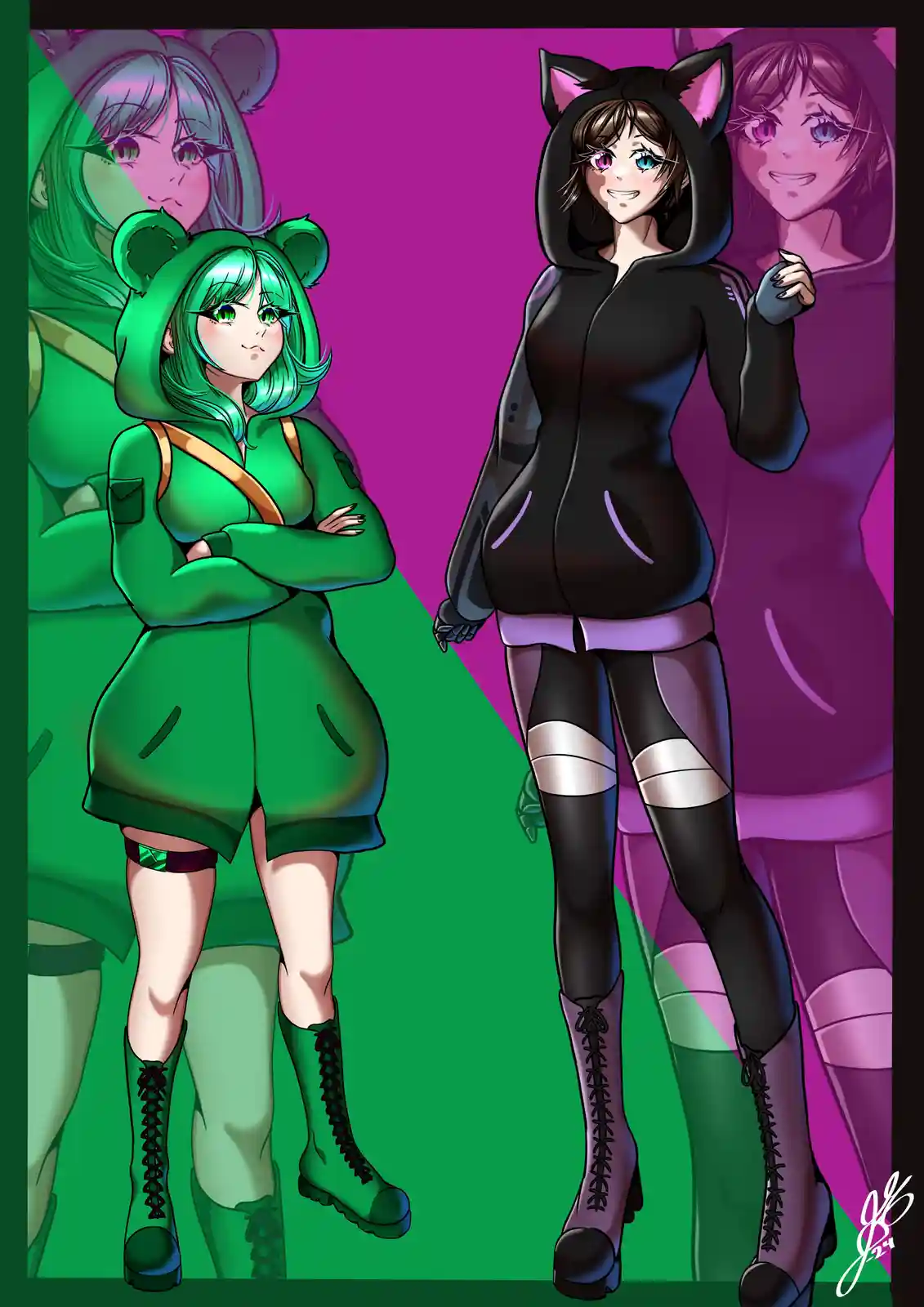 Two anime-style female characters stand side-by-side, one in a green bear-eared hoodie with arms crossed and the other in a…