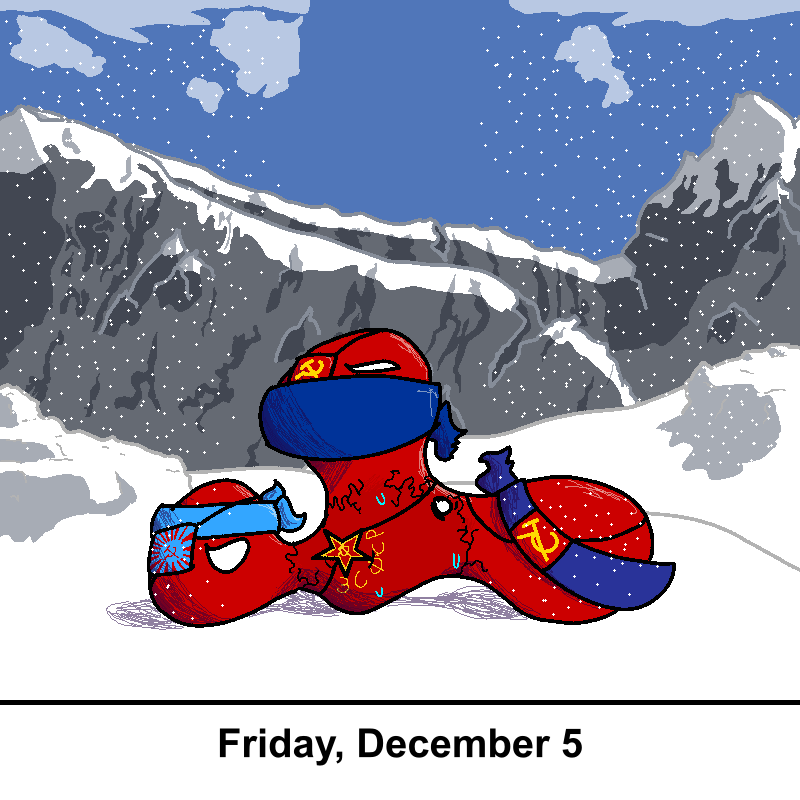 A cartoonish red figure resembling a Soviet-era soldier or mascot, wearing a blue scarf and a red hat with a hammer and…