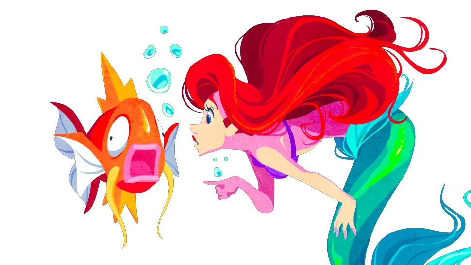 A cartoon mermaid with long red hair and a green tail points accusingly at a surprised orange fish with wide eyes and an…
