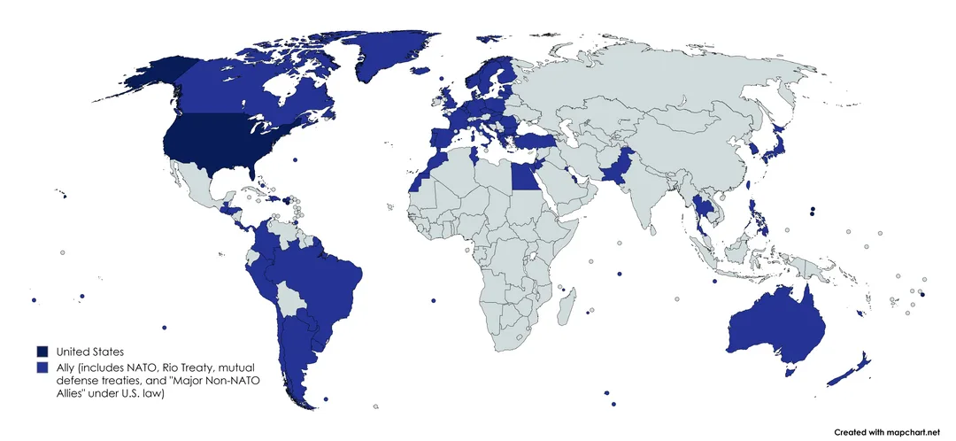 A world map showing the United States in dark blue and its allies in lighter blue, with the U.S. and its allies highlighted…