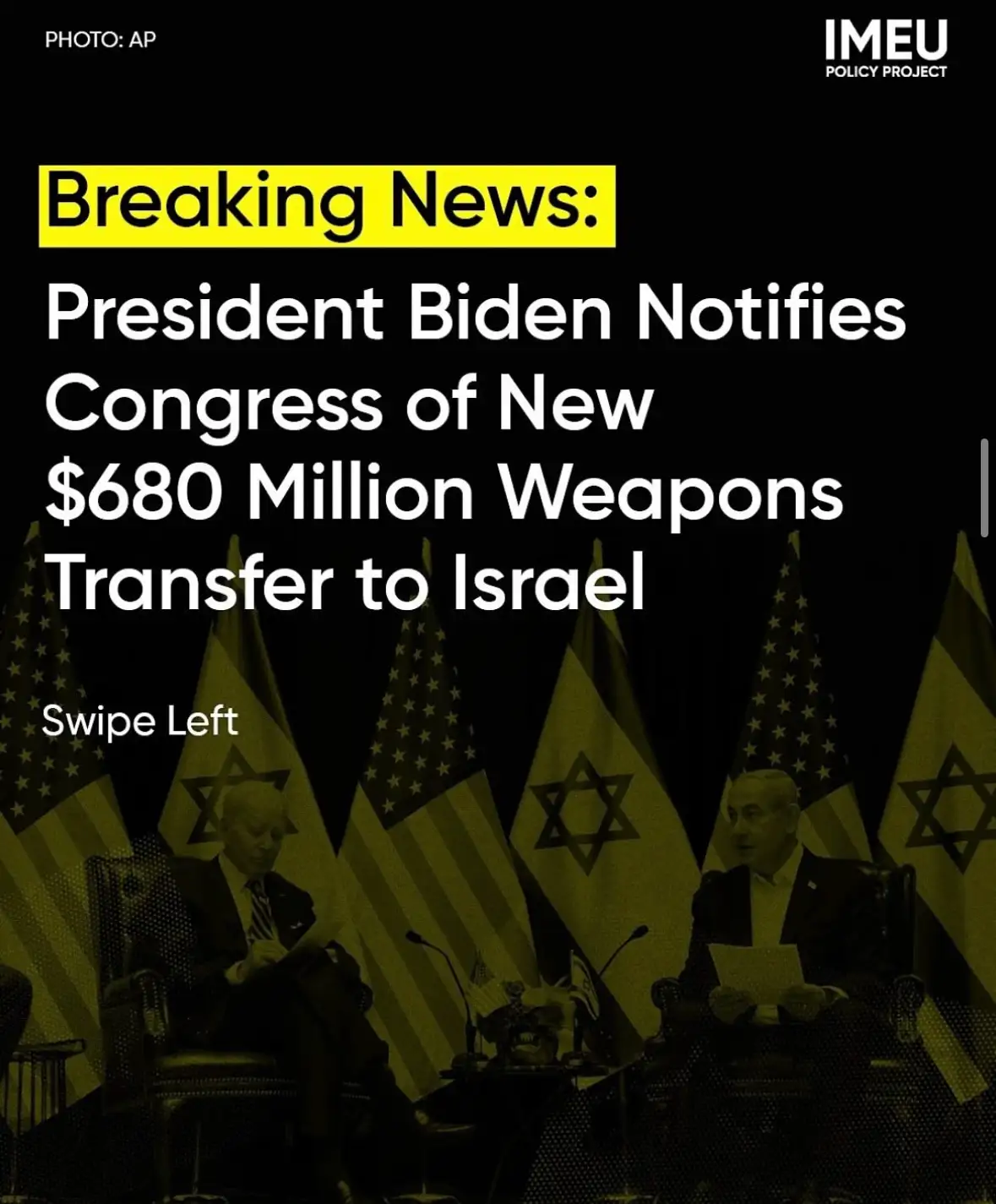 A darkened photo shows two men seated at a table with alternating American and Israeli flags behind them. Overlaid text…