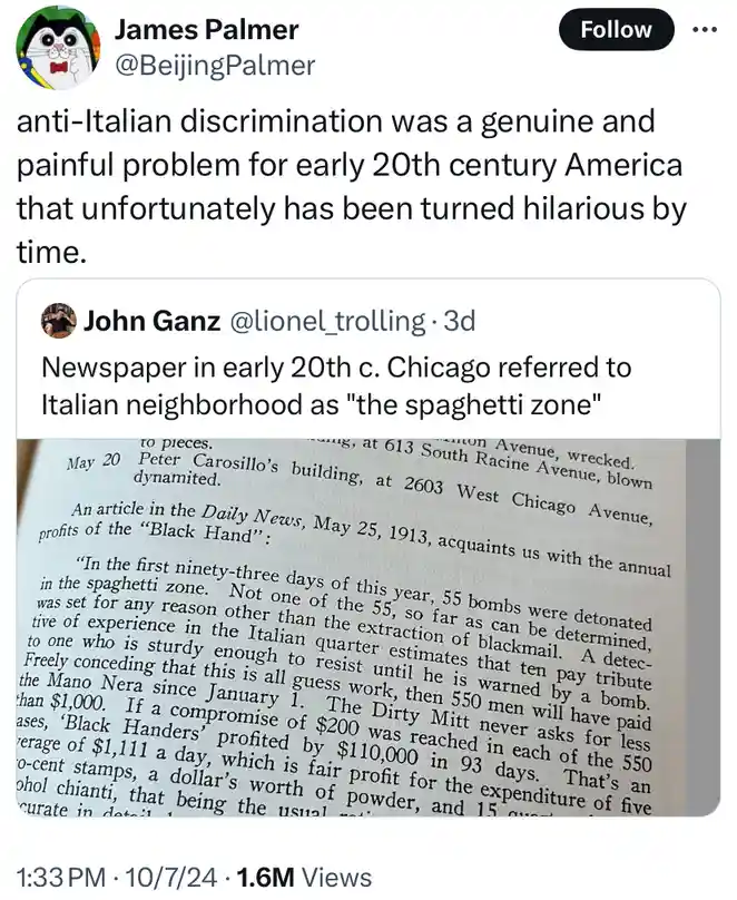 A screenshot of a Twitter thread where user James Palmer comments on a historical newspaper article from 1913. The article…