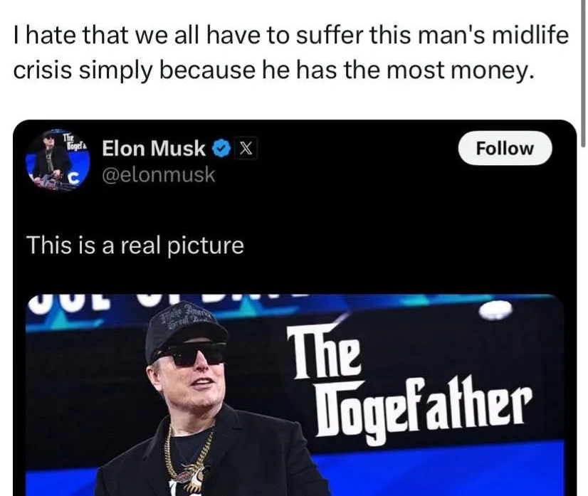 A screenshot of a tweet from Elon Musk's verified X account, which includes a photo of him wearing a black cap, sunglasses…