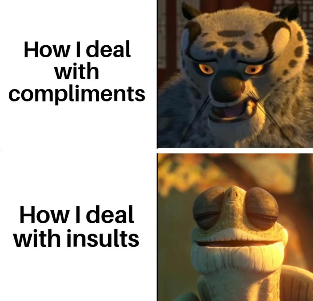 The image is a two-panel meme featuring characters from 'Kung Fu Panda'. The top panel shows Tai Lung, a snow leopard, with…