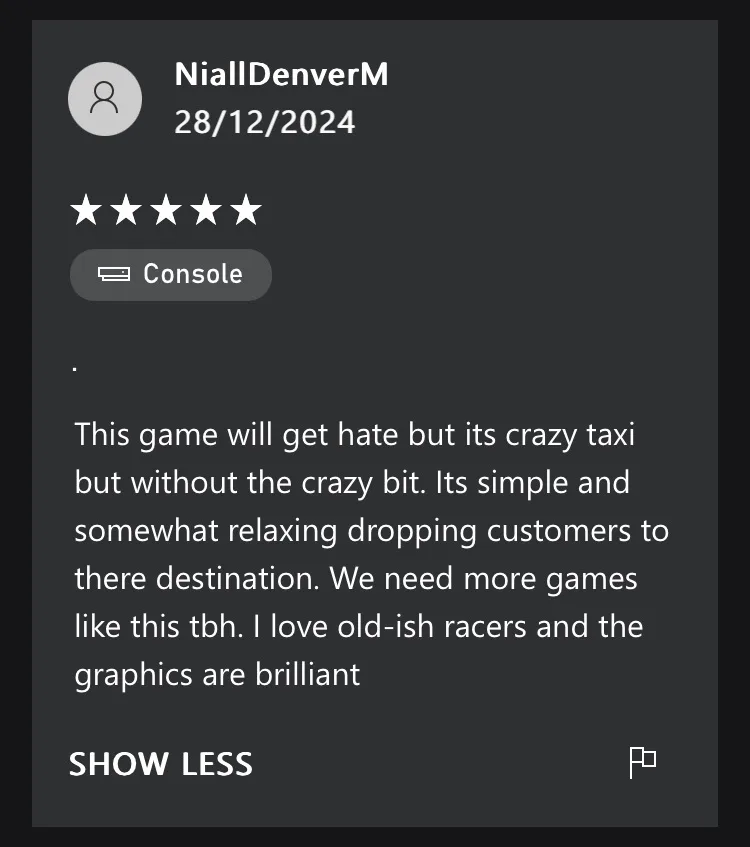 A screenshot of a five-star video game review from a user named NiallDenverM dated 28/12/2024, posted on a console platform…