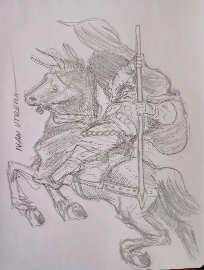 A pencil sketch depicts a knight in armor riding a rearing horse, holding a long spear. The artist's signature 'ivan utreza'…