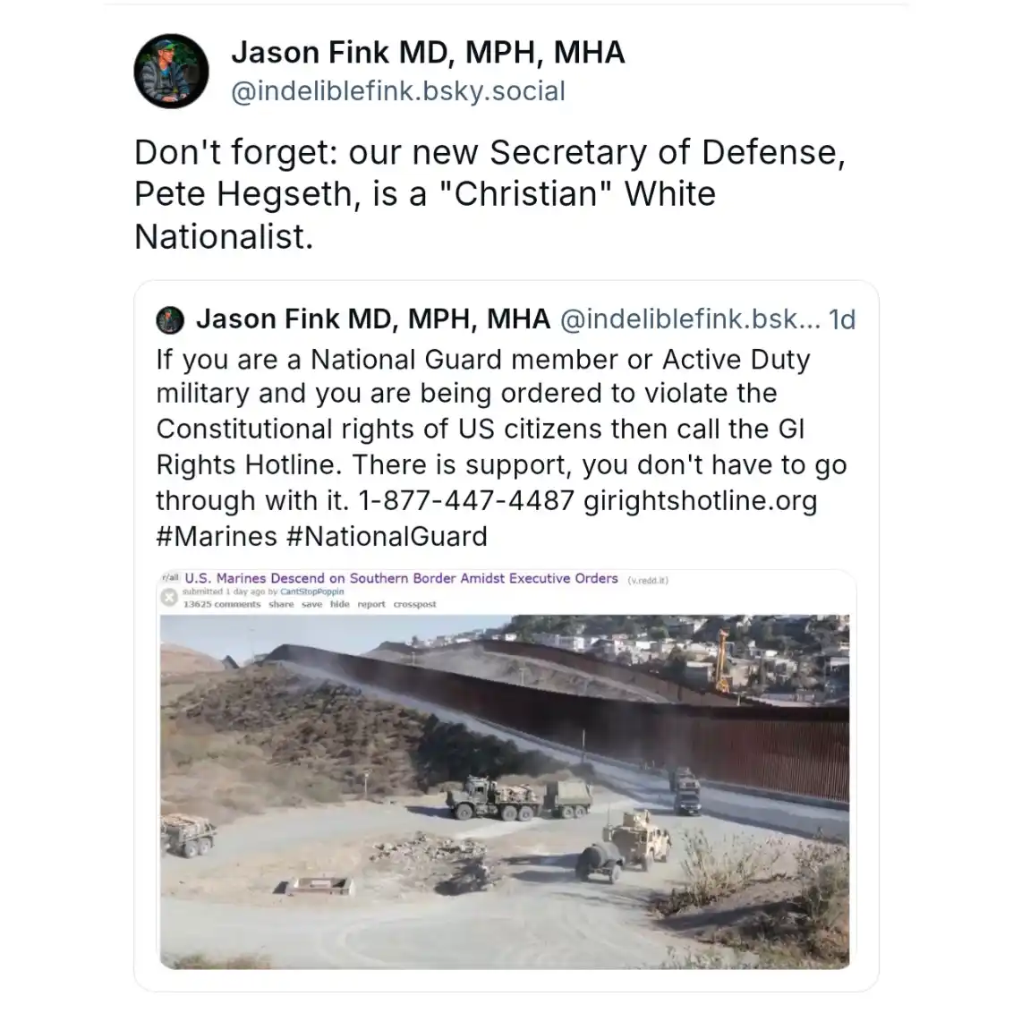 A screenshot of a social media post by Jason Fink MD, MPH, MHA, which includes a reposted Reddit thread showing military…