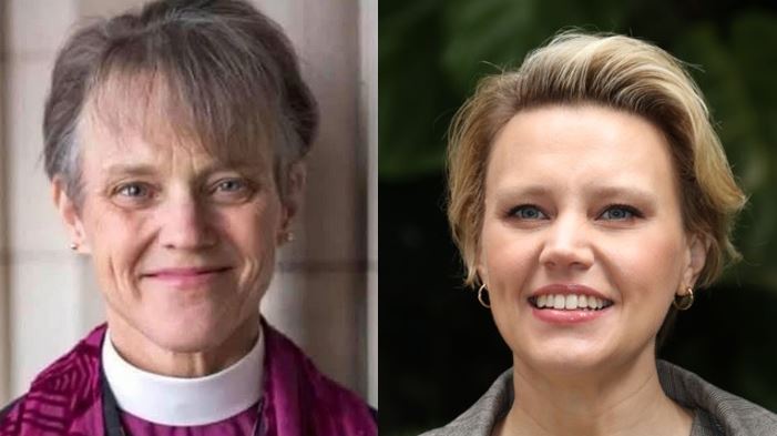 The image shows a split-screen comparison: on the left, a woman with short gray hair wearing clerical collar and purple…