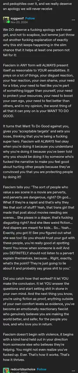 The image displays a long text post on a dark background, written in white font. The post, authored by 'syggwolf' and dated…