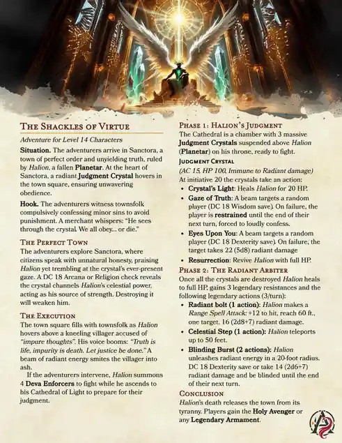 The image displays a fantasy adventure module titled 'The Shackles of Virtue' for D&D Level 14 characters, featuring a…