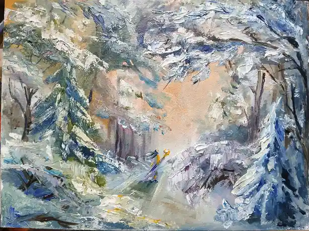 A thickly painted winter scene with snow-covered trees and a small figure in a yellow coat walking down a snowy path. The…