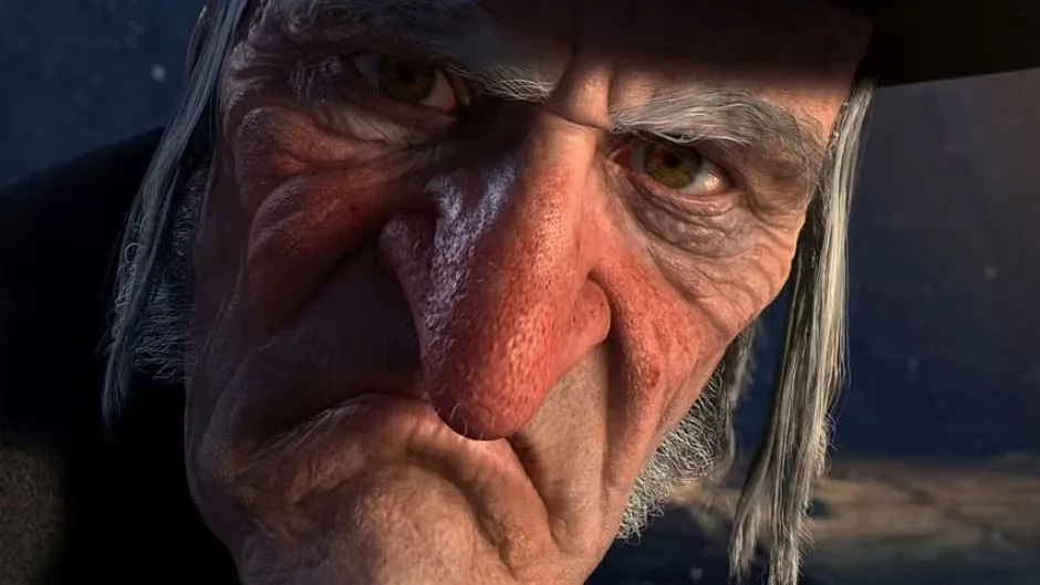 A close-up of an elderly man with a weathered, wrinkled face, gray hair, and a stern expression, looking intensely at the…