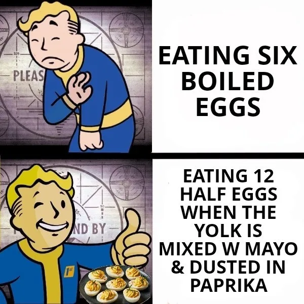 The image is a two-panel meme featuring the Fallout character Vault Boy. In the top panel, he looks sad and pained while…