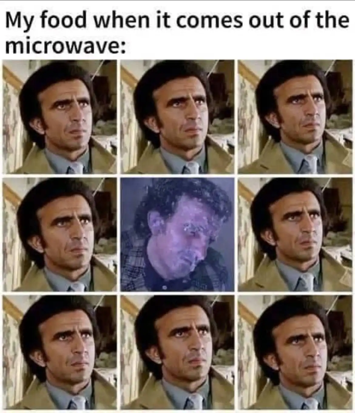 The image displays a 3x3 grid of stills featuring a man with a skeptical, unimpressed facial expression, except for the…