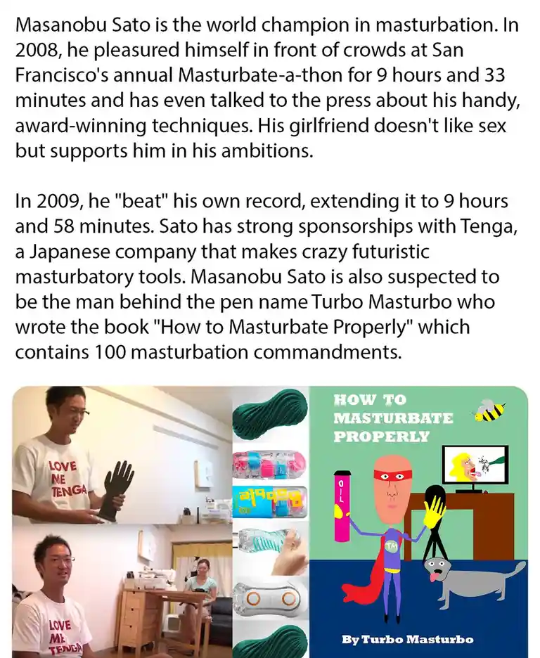 A collage shows a man in a 'love me tenga' shirt holding a black glove, images of Tenga products, and a cartoon superhero…