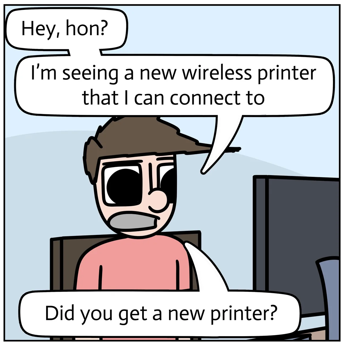 A cartoon man with brown hair and a pink shirt sits in a chair, looking surprised as he speaks. Speech bubbles show him…
