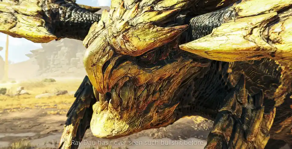 A close-up of a massive, golden-scaled dragon with sharp horns and menacing eyes, set against a desert landscape. The text…