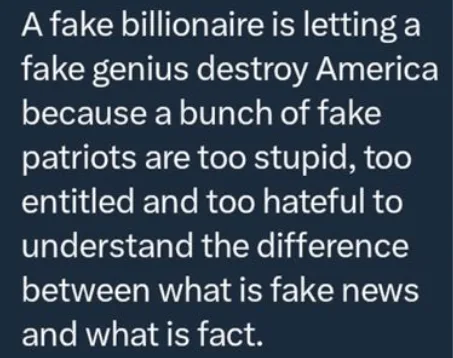 The image displays a dark blue background with white text that reads: 'A fake billionaire is letting a fake genius destroy…