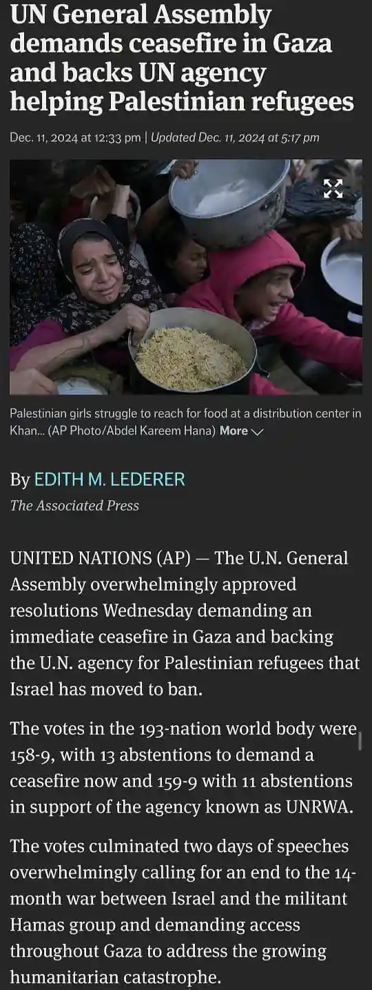 A screenshot of a news article from The Associated Press dated Dec 11, 2024, featuring a photo of Palestinian girls…