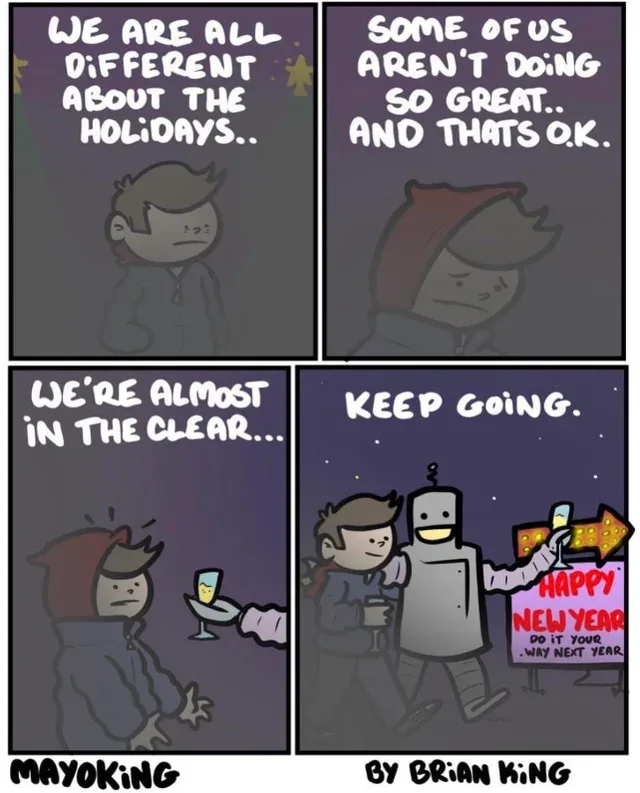 A four-panel comic strip shows a person in a hoodie looking downcast about holidays, then being comforted by a robot holding…