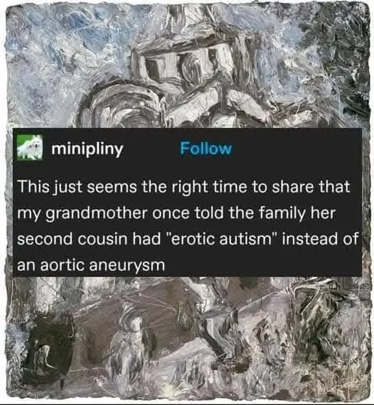 A screenshot of a tweet from user 'minipliny' is overlaid on a textured, abstract painting. The tweet humorously recounts a…