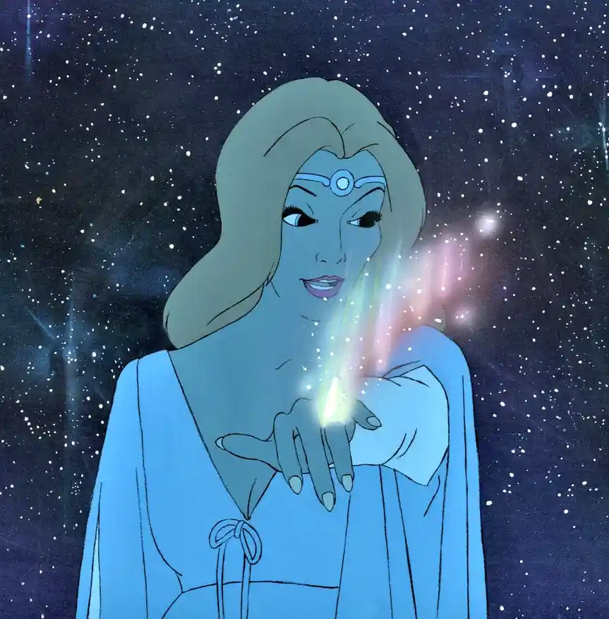 An animated woman with blue skin and a headband stands against a starry night sky, her hand glowing with magical light. The…