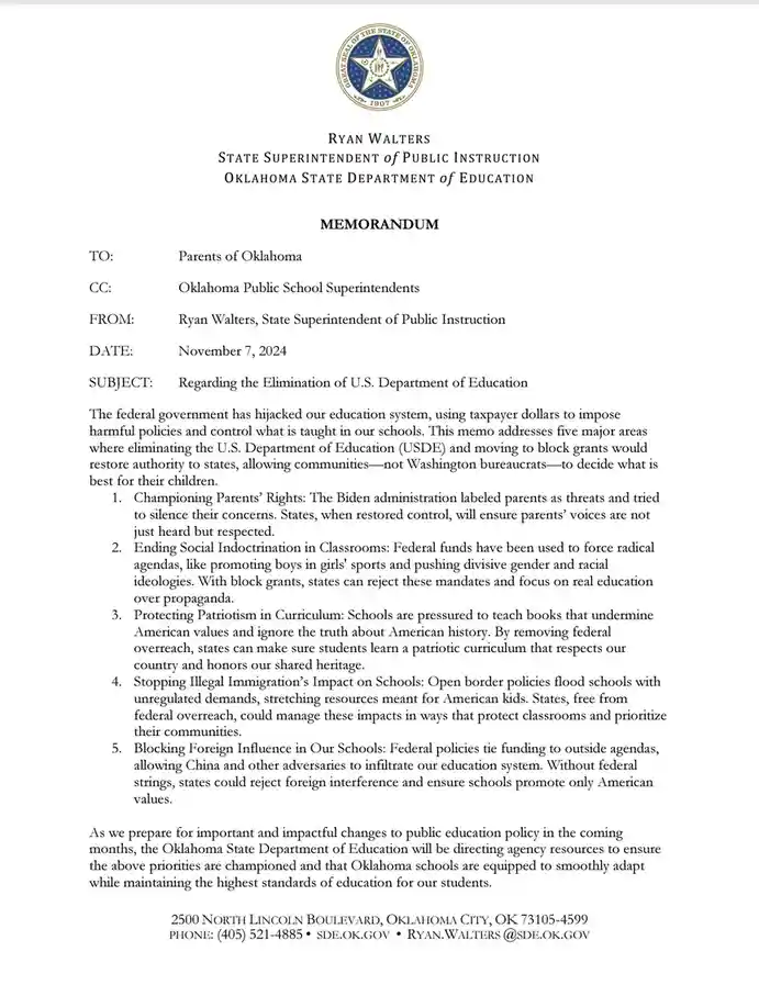 A formal memorandum from Ryan Walters, State Superintendent of Public Instruction of Oklahoma, dated November 7, 2024…