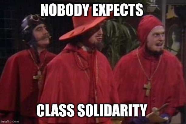 Three men in red robes and hats from the TV show 'The Three Stooges' are shown with surprised expressions. The text overlaid…