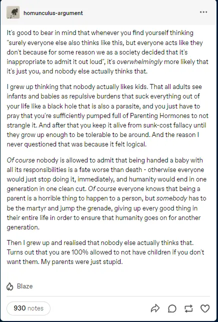 A screenshot of a Tumblr post displaying a long, self-deprecating text about the author's childhood belief that no one…
