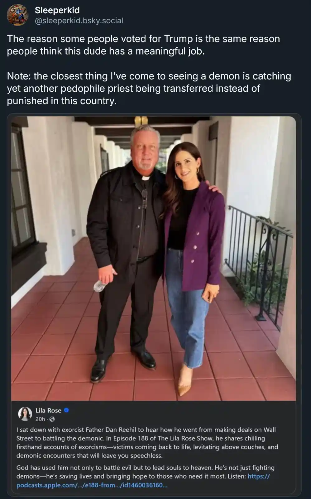 A man in black clerical clothing stands beside a smiling woman in a purple blazer and jeans on a tiled walkway. The overlaid…