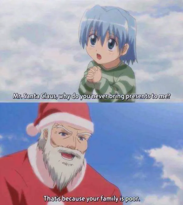 The image is a two-panel anime meme. The top panel shows a young boy with blue hair and a green striped shirt asking Mr…