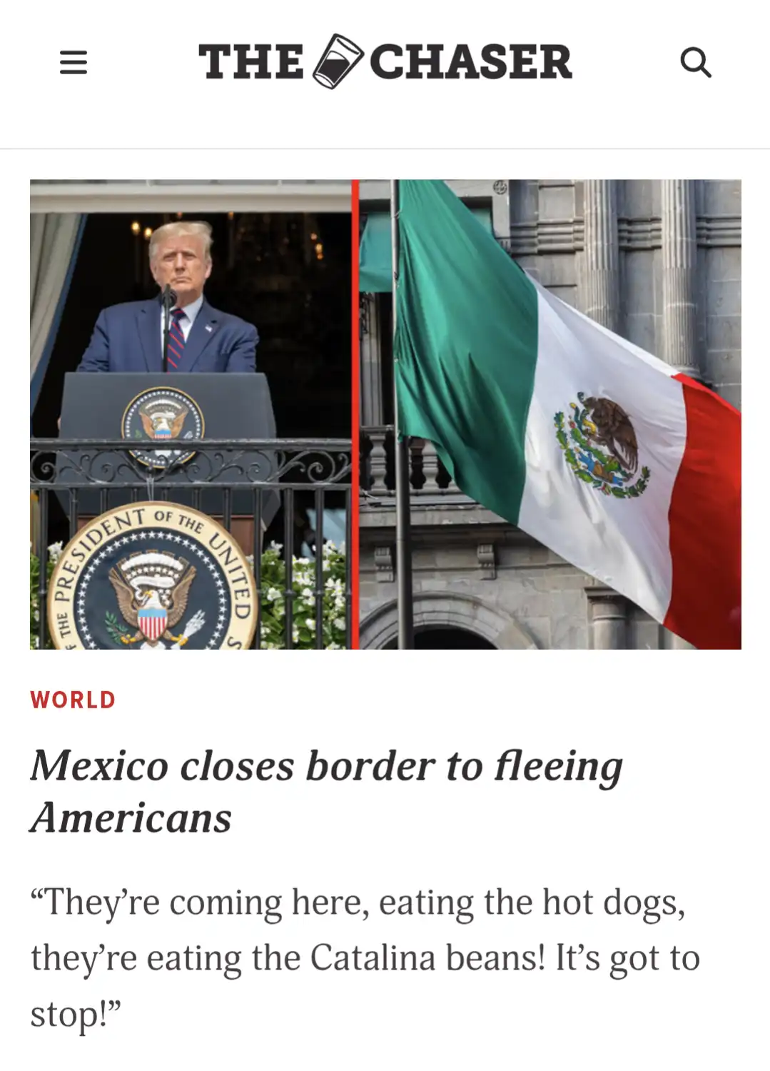 The image is a split-screen from 'The Chaser' website showing Donald Trump at a podium with the presidential seal and the…