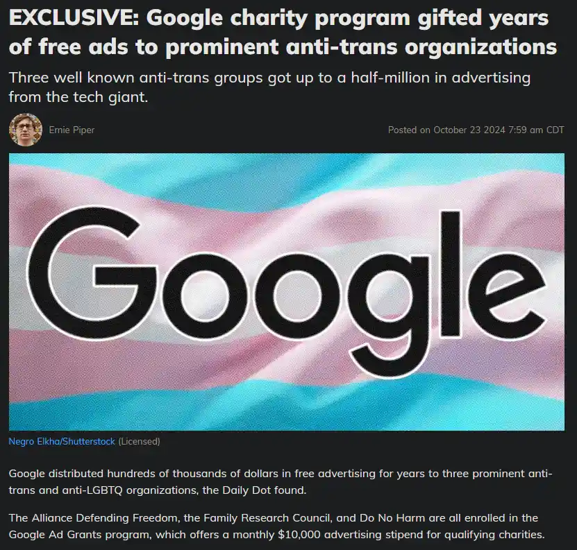 The image displays a news article screenshot with the headline 'EXCLUSIVE: Google charity program gifted years of free ads…