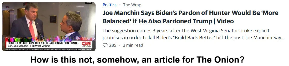 A screenshot of a CNN news article about Senator Joe Manchin's comment that Biden's pardon of Hunter Biden would be 'more…