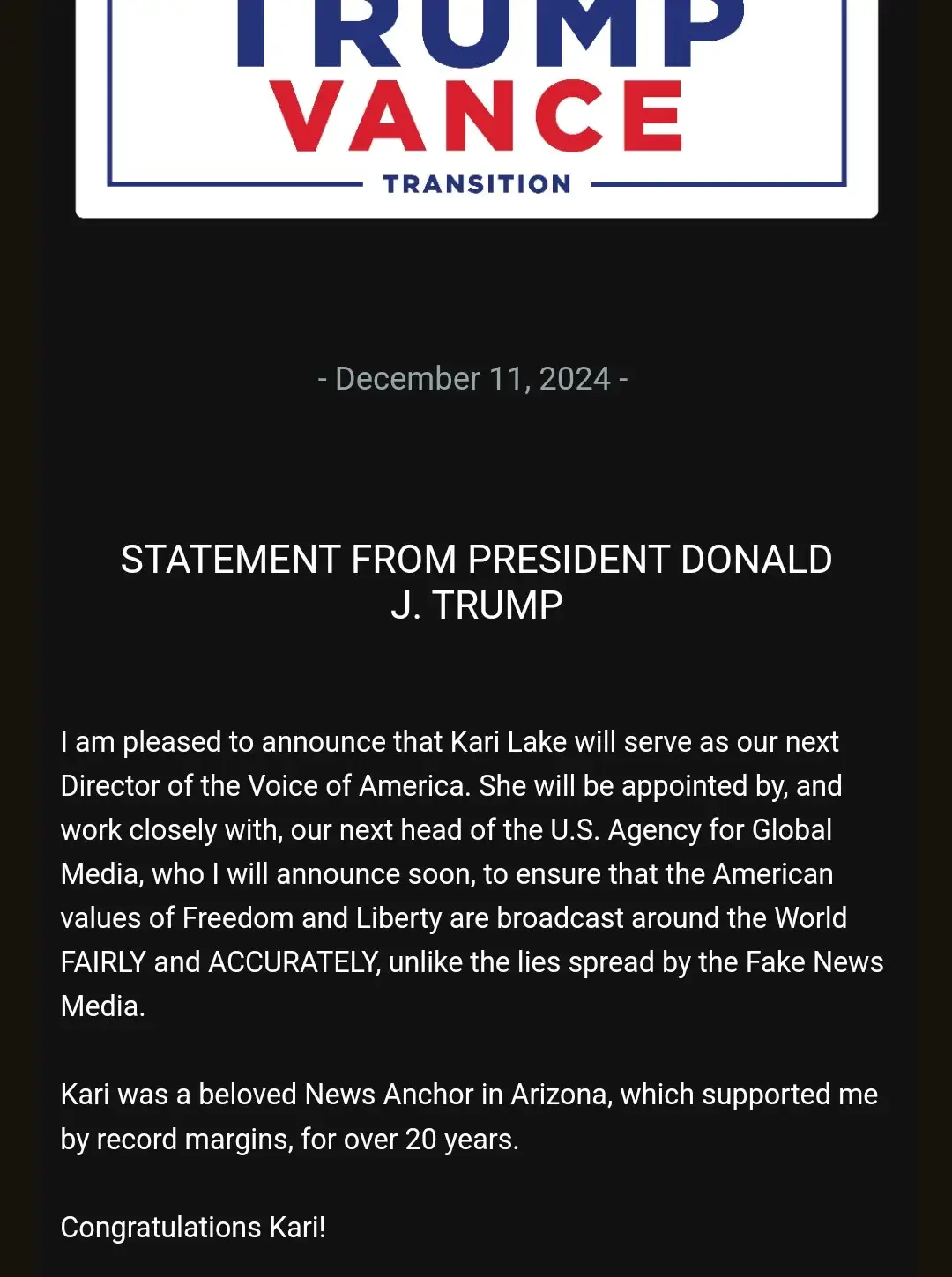 The image displays a fake official-looking statement dated December 11, 2024, from a fictional 'TRUMP VANCE TRANSITION'…