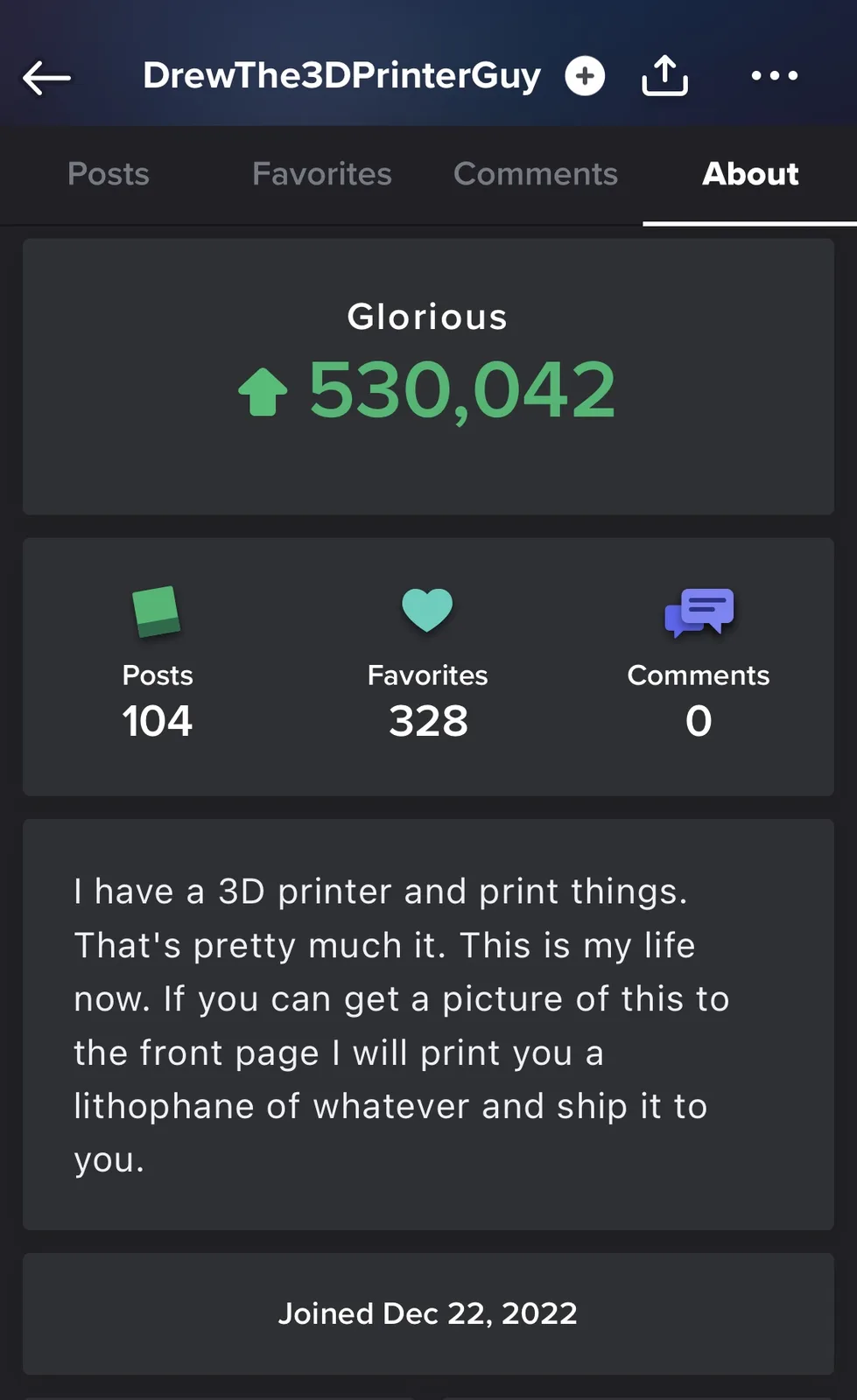 A screenshot of a Reddit user profile for 'DrewThe3DPrinterGuy' showing 530,042 upvotes on their 'About' page, with 104…