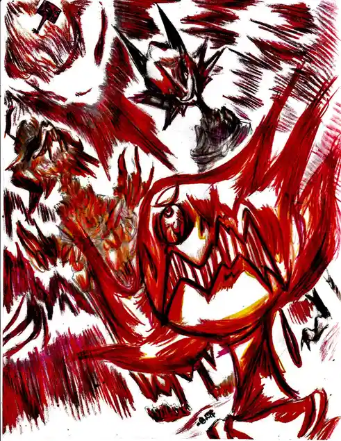 A chaotic, red-and-black sketch depicts a monstrous, spiky creature with a wide, toothy grin and fiery hair, surrounded by…