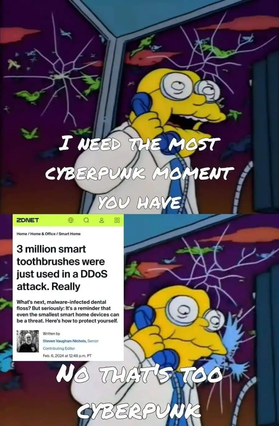 The image is a two-panel meme featuring the character Dr. Hibbert from The Simpsons. In the top panel, he holds a phone and…