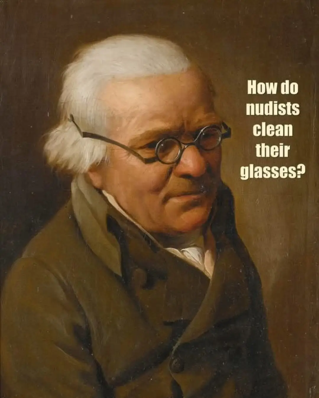 A classical portrait of an elderly white-haired man with round spectacles and a stern expression, wearing a dark coat over a…