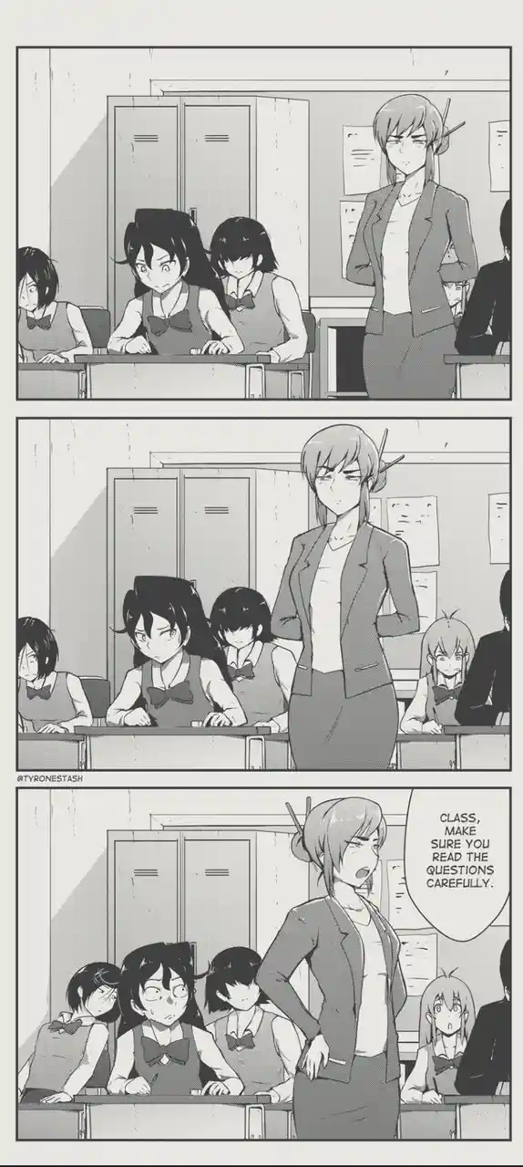 A three-panel black-and-white manga strip shows a stern teacher in a classroom. In the first panel, students look nervous…