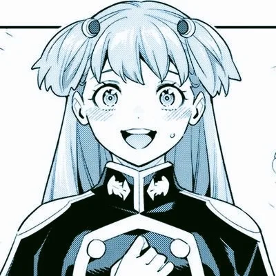 A manga-style anime girl with light blue hair in twin buns and wide, teary eyes smiles while holding her chest, overlaid…