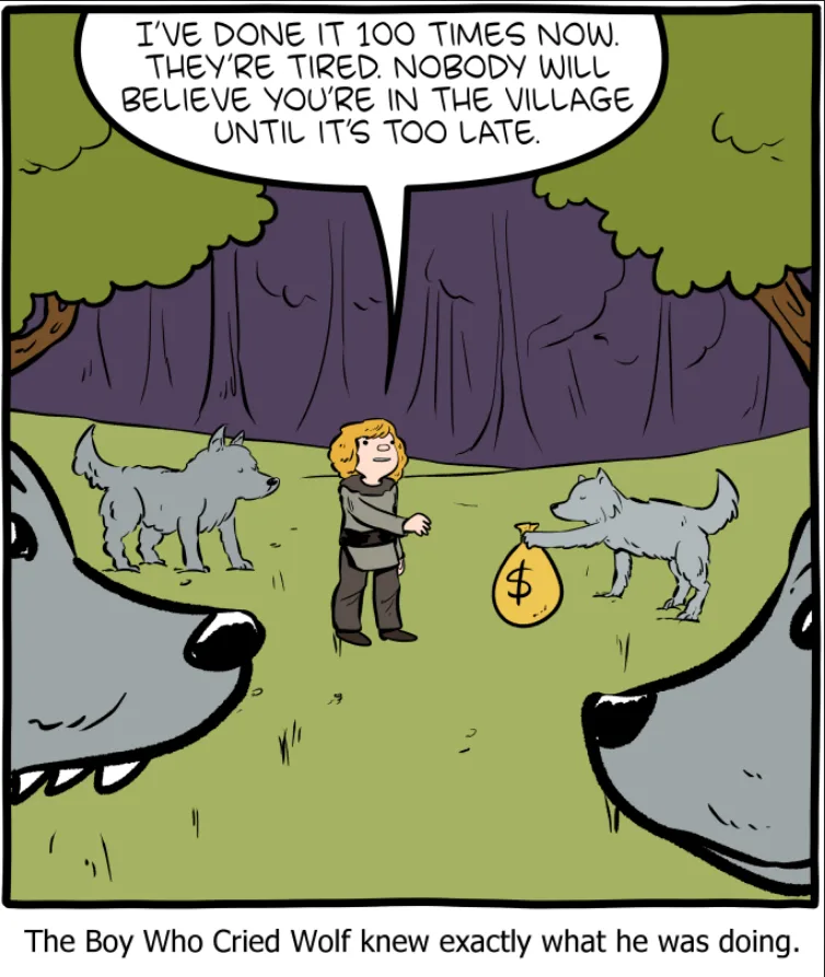 A cartoon depicts a boy standing in a grassy clearing with two wolves, one offering him a money bag. Two large wolf heads…