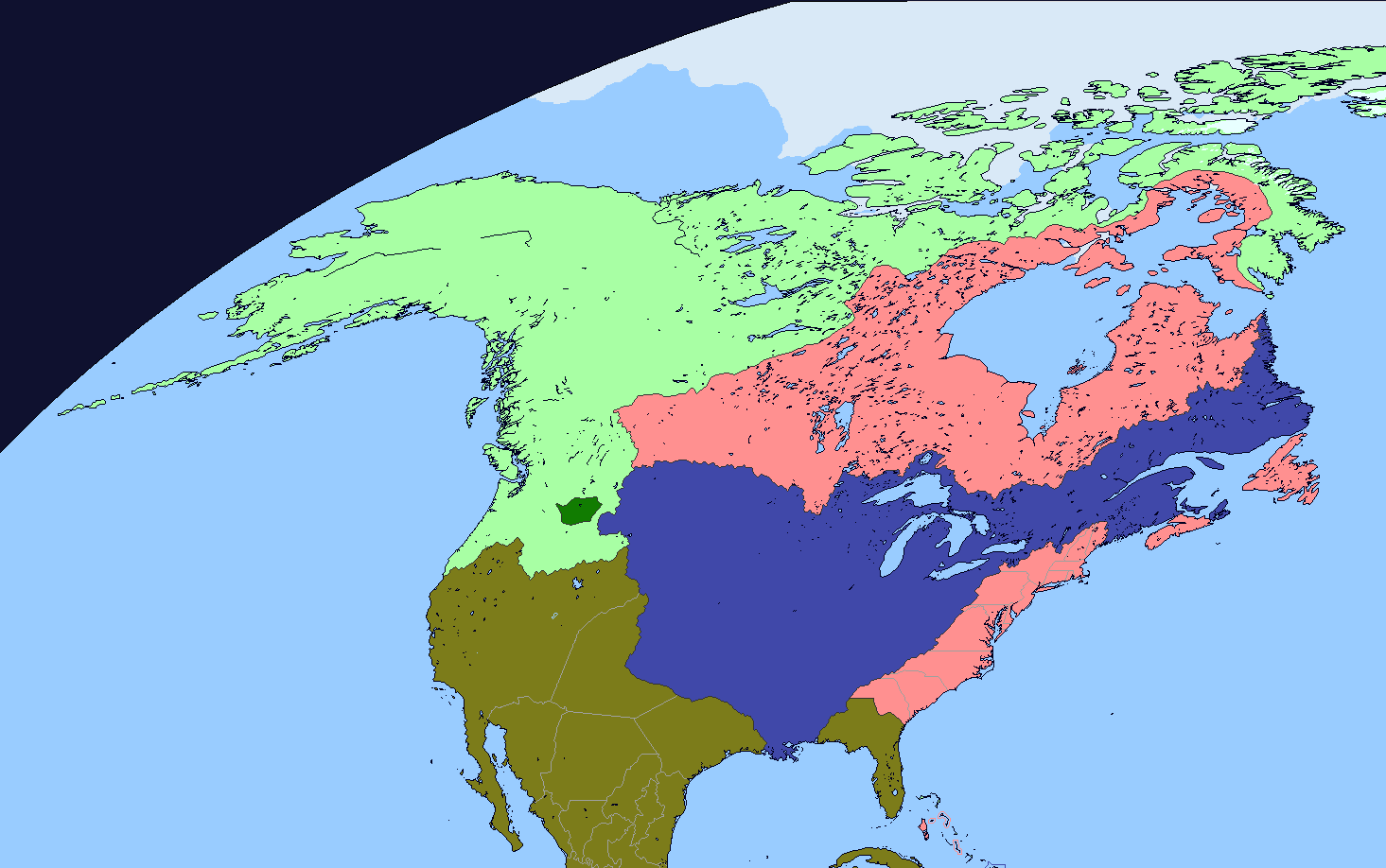A stylized map of North America shows the United States in blue, Canada in red, and Mexico in brown, with a small green area…