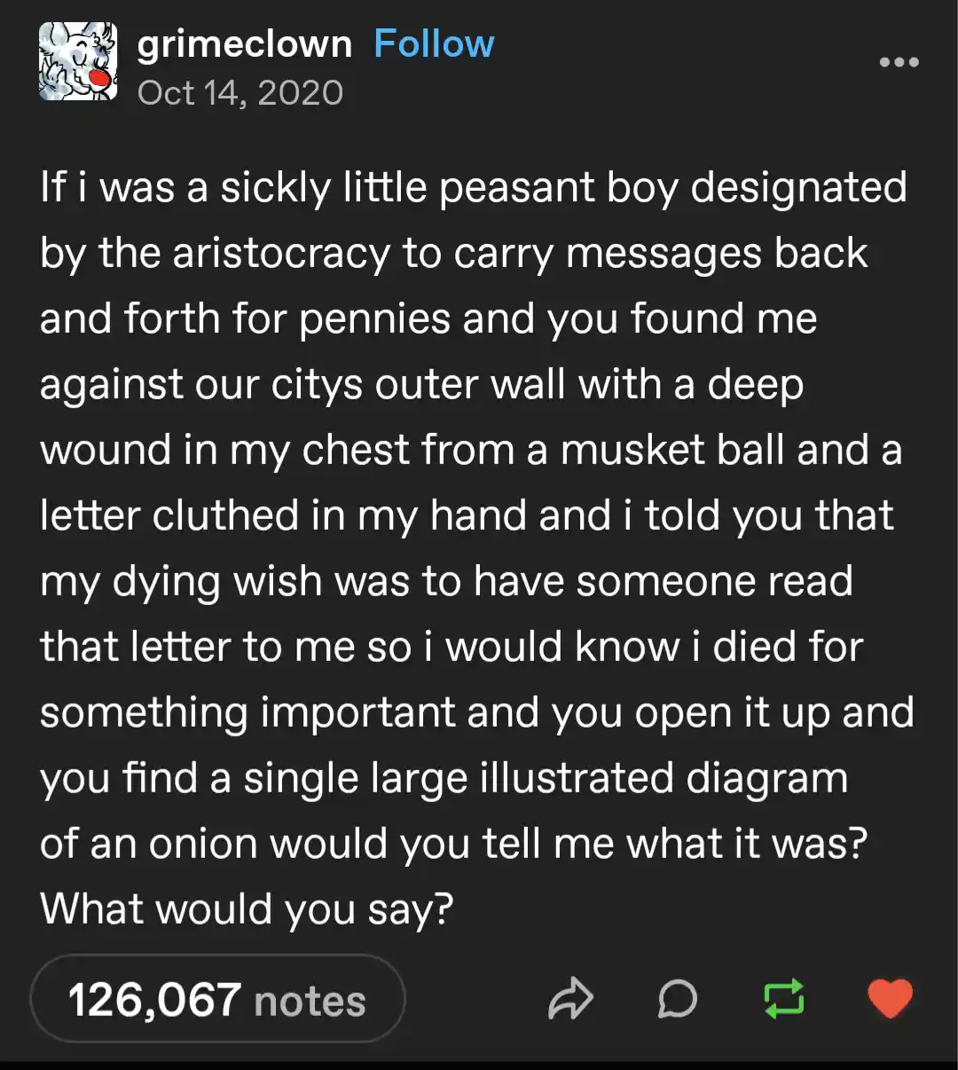 A screenshot of a Tumblr post by 'grimeclown' from October 2020, featuring a long white text block on a dark background. The…
